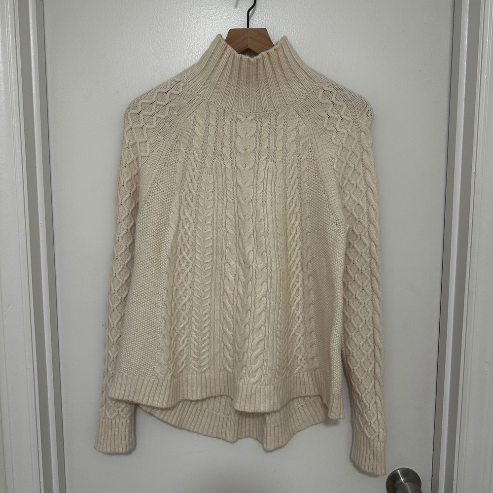 Ann Taylor | Woman's Alpaca Wool Blend Cream Cable Knit Mock Neck Sweater, M